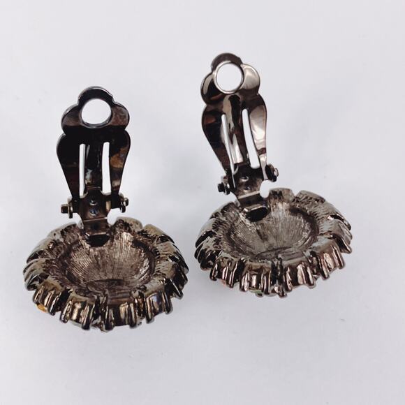Joan Rivers Gun Metal Rhinestone Cluster Clip On Earrings Warm Fall Colors - Picture 9 of 12